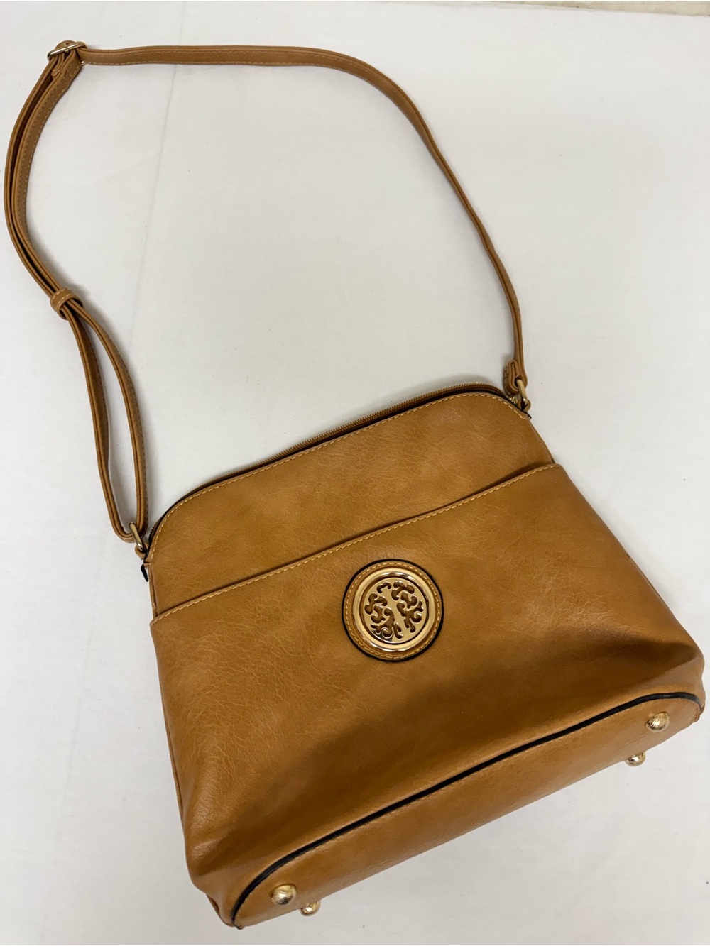 Tan Faux Leather Crossbody Purse / Gold Medallion / Polka Dot Lining